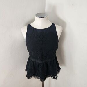 Ann Taylor LOFT Navy Black Lace Peplum Top Sleeveless Back Zip Size 4P Petites